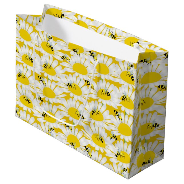 Biene auf Blume Große Geschenktasche - Gelber Hint Große Geschenktüte (Vorderseite Schrägansicht)