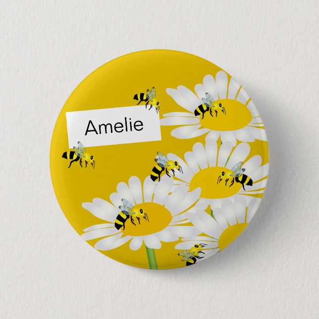 Biene auf Blume Runder Button - Gelber Hintergrund (Vorderseite)