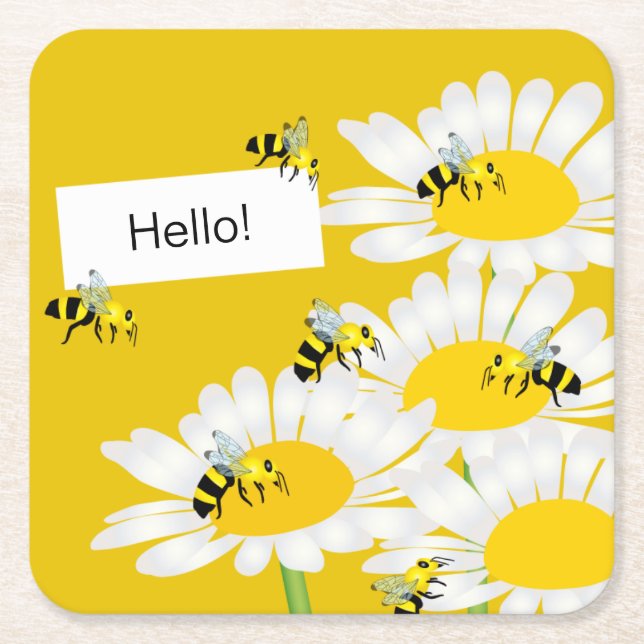 Biene auf Blume Untersetzer - Gelber Hintergrund (Vorderseite)