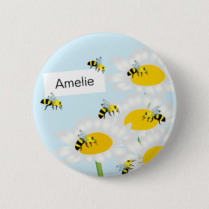Biene auf Blumen-rundem Knopf - blauer Hintergrund Button