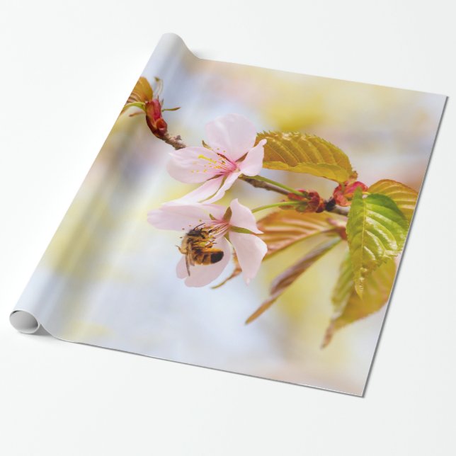 Biene auf einer Kirsche-Blume Geschenkpapier (Ungerollt)