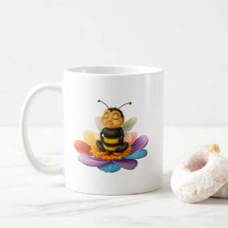 Biene auf einer lebendigen Blume und Yoga Kaffeetasse