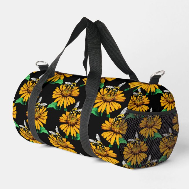 Biene auf Sonnenblumen Blume Muster Design Schwarz Duffle Bag (Von Creator hochgeladen)