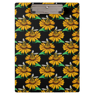 Biene auf Sonnenblumen Blume Muster Design Schwarz Klemmbrett