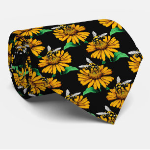 Biene auf Sonnenblumen Blume Muster Design Schwarz Krawatte