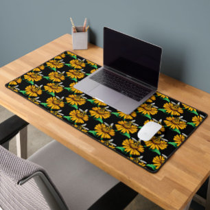 Biene auf Sonnenblumen Blume Muster Design Schwarz Schreibtischunterlage