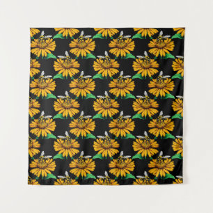 Biene auf Sonnenblumen Blume Muster Design Schwarz Wandteppich