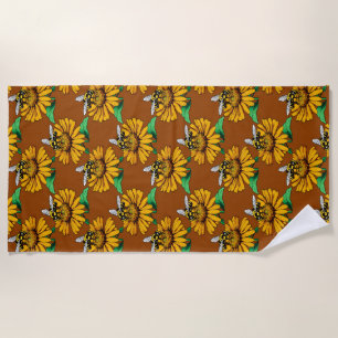 Biene auf Sonnenblumen-Blütenmuster-Design Braun  Strandtuch