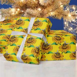 Biene auf Sonnenblumen-Blütenmuster-Design Gelb Geschenkpapier