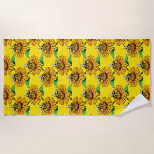 Biene auf Sonnenblumen-Blütenmuster-Design Gelb  Strandtuch