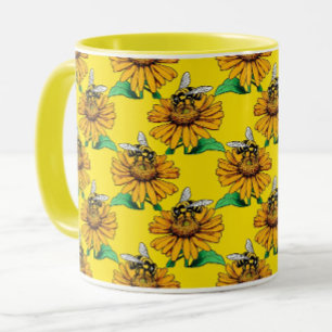 Biene auf Sonnenblumen-Blütenmuster-Design Gelb Tasse