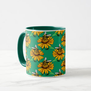 Biene auf Sonnenblumen-Blütenmuster-Design Grün Tasse
