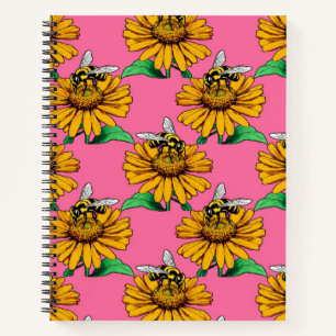 Biene auf Sonnenblumen-Blütenmuster-Design Rosa Notizbuch