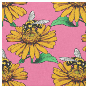 Biene auf Sonnenblumen-Blütenmuster-Design Rosa Stoff