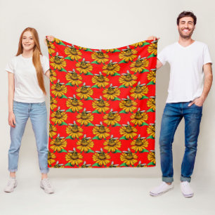 Biene auf Sonnenblumen-Blütenmuster-Design Rot Fleecedecke