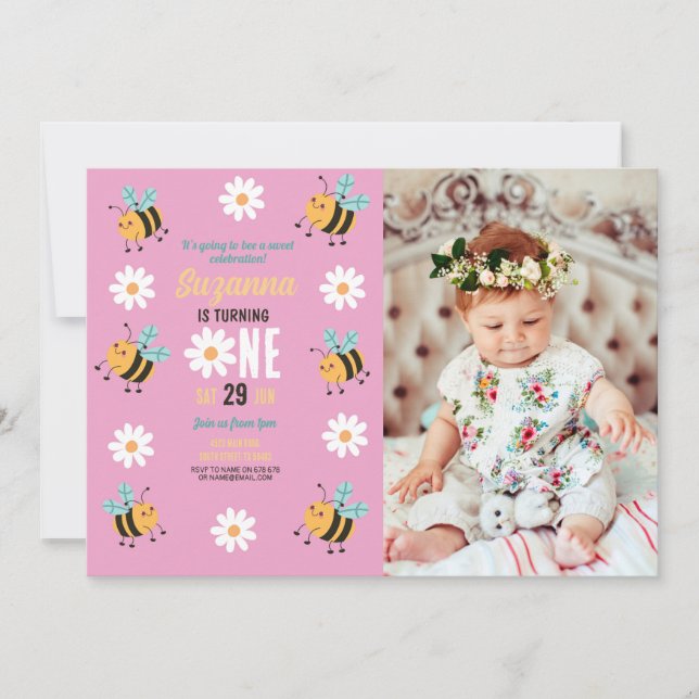 Biene Birthday Foto Party Blume Daisy Pink Einladung (Vorderseite)