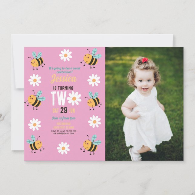 Biene Birthday Foto Party Pink Daisy Zwei 2 Einladung (Vorderseite)