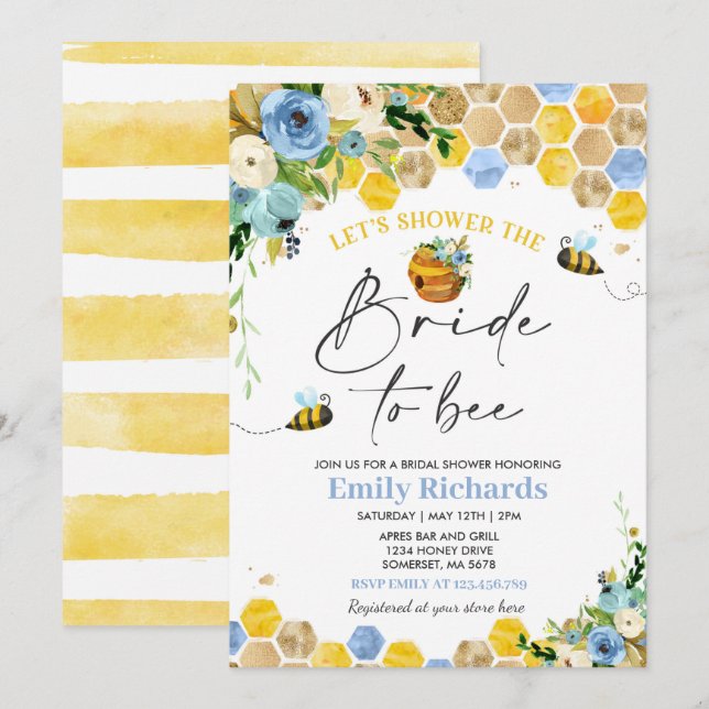 Biene Brautparty Blue & Gold Floral Bride zu sein Einladung (Vorne/Hinten)