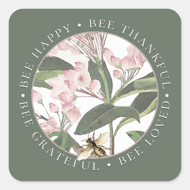 Biene Dankbarkeit dankbar Loved Blume Honey Green Quadratischer Aufkleber (Vorderseite)
