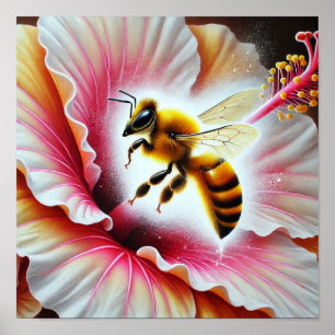 Biene, die eine blühende Hibiskus-Blume befruchten Poster