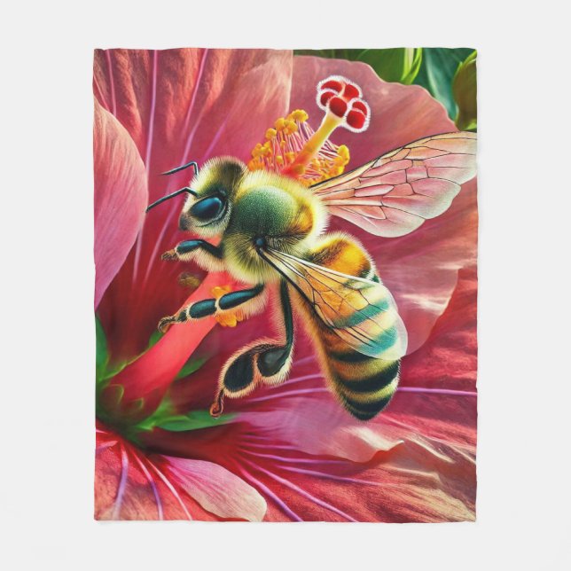 Biene, die eine lebendige Hibiskus-Blume befruchte Fleecedecke (Vorderseite)