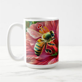 Biene, die eine lebendige Hibiskus-Blume befruchte Kaffeetasse