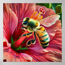 Biene, die eine lebendige Hibiskus-Blume befruchte Poster