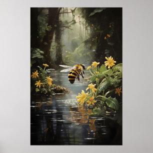Biene in Blumenfluss Druck, Cottagecore Wandkunst Poster