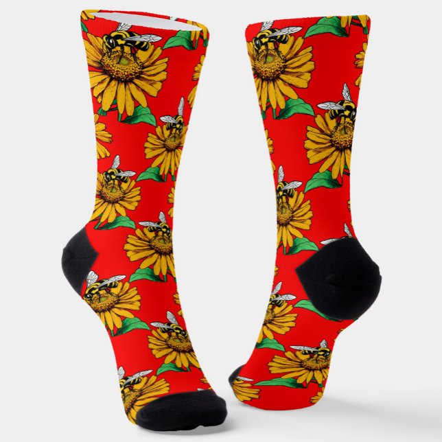 Biene on Sunflower Blume Muster Red Socken (Von Creator hochgeladen)