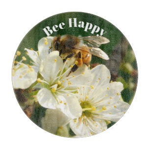 Biene & Pflaumenblüten: Makro Art Glasboard Schneidebrett