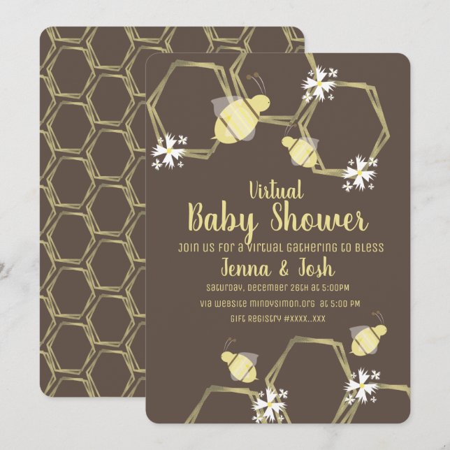 Biene und Daisy Floral Virtual Baby Shower Einladung (Vorne/Hinten)