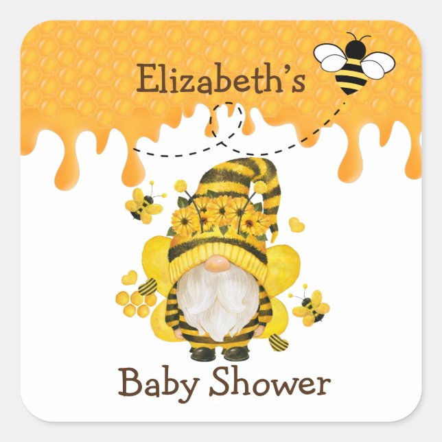 Biene und Sonnenblumen Dusche Gnome Baby Quadratischer Aufkleber (Vorderseite)