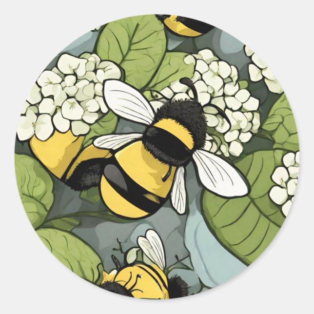 Biene und White Hydrandgea Floral Umschlag Aufkleb Runder Aufkleber (Vorderseite)