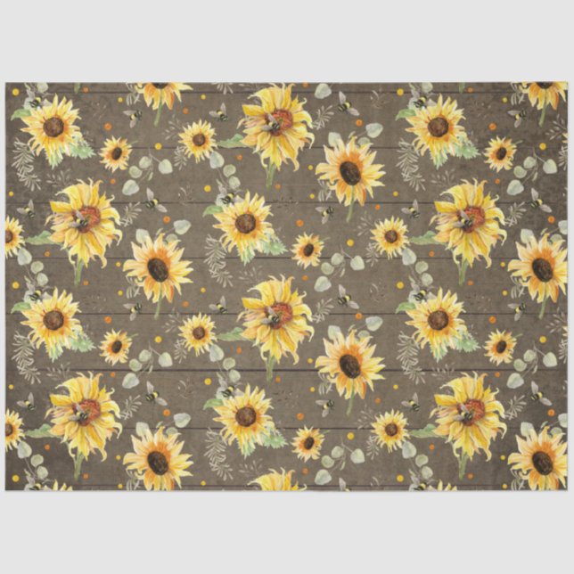 Biene w Sonnenblume Blüte Rustikale dunkle Holz De Seidenpapier (Vorderseite)