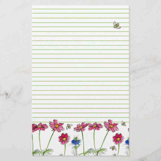 Bienen Aquarell Blume Rosa Kosmos Grüne Linde Briefpapier (Vorderseite)