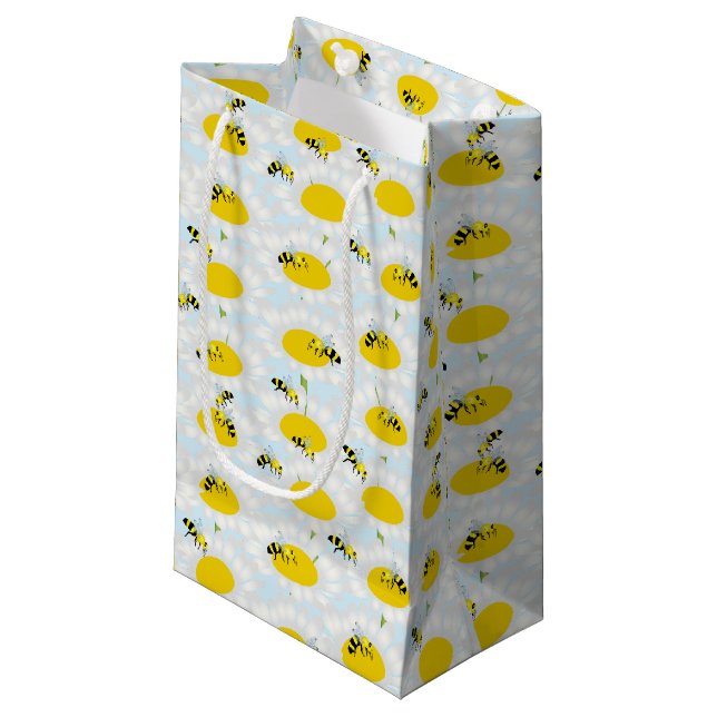 Bienen auf Blume Geschenktasche - Blue Background Kleine Geschenktüte (Vorderseite Schrägansicht)
