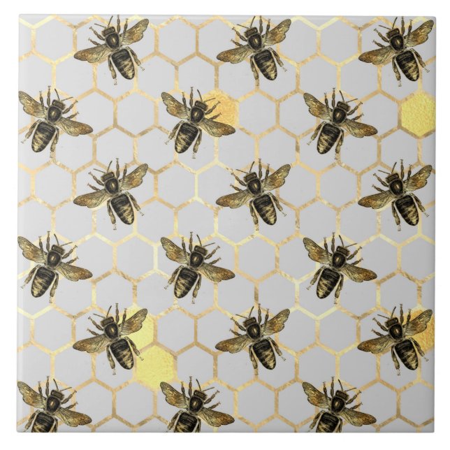 Bienen auf Honeycomb Muster Gelb Gold Grau Fliese (Vorderseite)