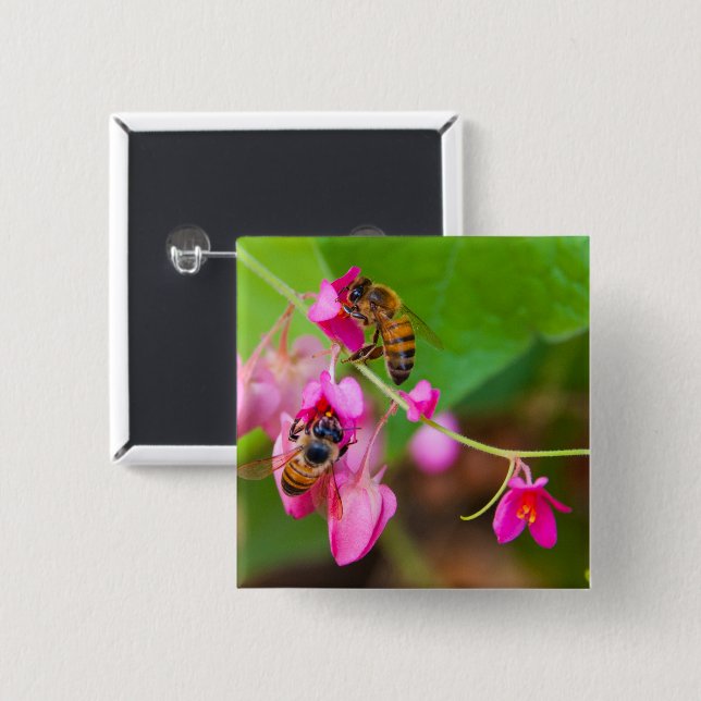 Bienen auf rosa korallenrote button (Vorne & Hinten)