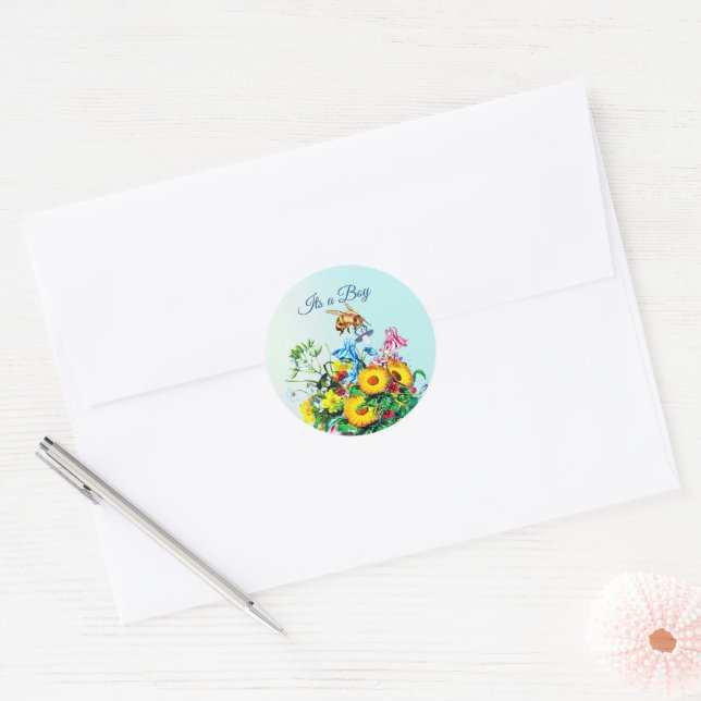 Bienen Baby Shower Blue Floral Schnuller Runder Aufkleber (Umschlag)