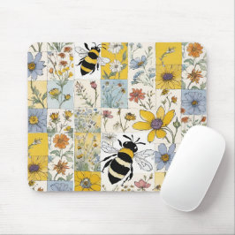 Bienen-Blumenmuster in Blues und Yellows Mousepad