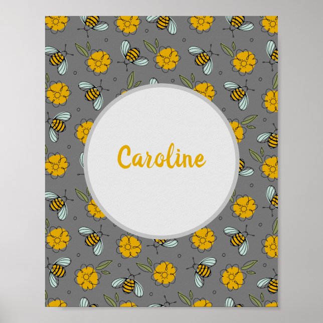 Bienen & Buttercups auf Personalisierter Grau-Prin Poster (Vorne)