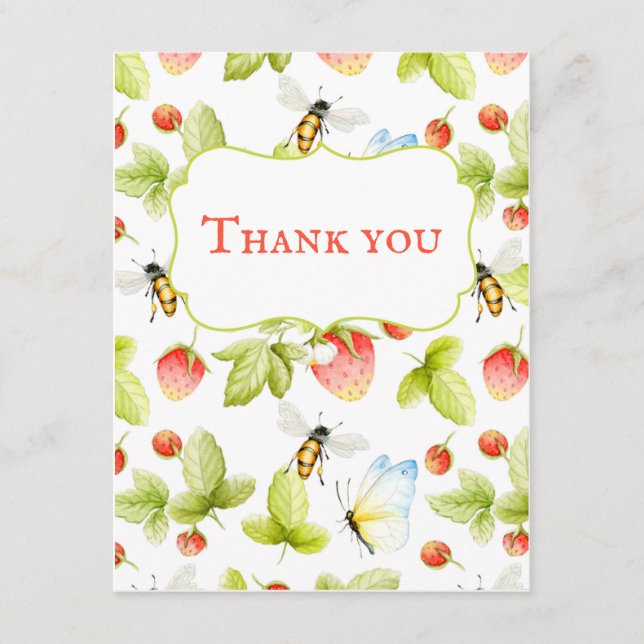 Bienen Erdbeeren Schmetterlinge Frühjahr Sommer Dankeskarte (Vorderseite)
