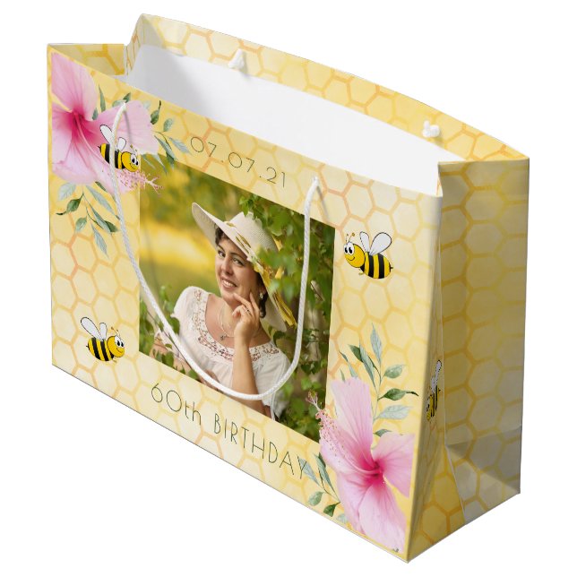 Bienen Gelbe Wabenkolben Rosa Florale 60. Geburtst Große Geschenktüte (Rückseite Schrägansicht)