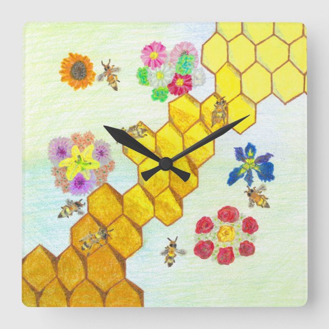 Bienen in beauty - farbenfrohe Blumenuhr Quadratische Wanduhr (Vorderseite)