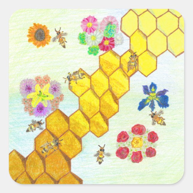 Bienen in schönen farbenfrohen Blumenklebern Quadratischer Aufkleber (Vorderseite)