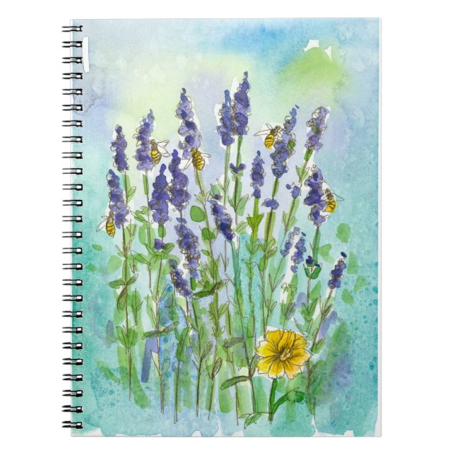 Bienen Lavender Watercolor Blume Aquamarin Blue Notizblock (Vorderseite)