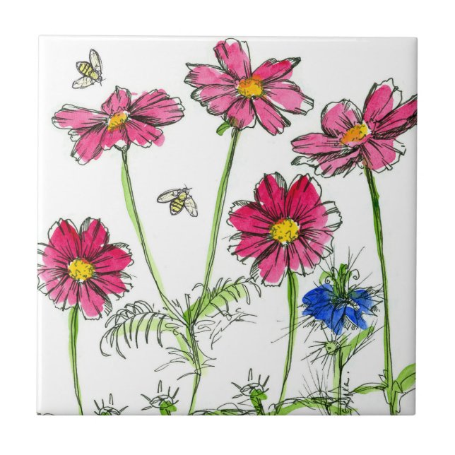 Bienen Nigella Hot Pink Cosmos Wasserfarben Blume Fliese (Vorderseite)