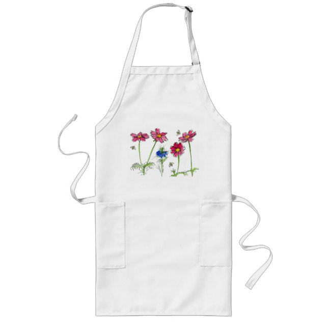 Bienen Pink Cosmos Nigella Wasserfarbe Blume Lange Schürze (Vorne)