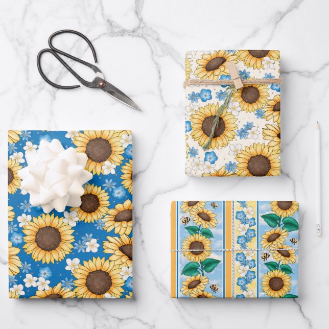 Bienen Sonnenblumen Umhüllungspapier Set von 3 Geschenkpapier Set (Vorderseite)