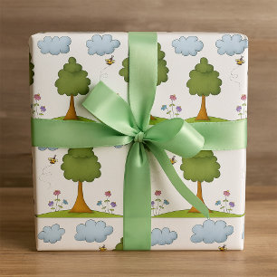 Bienen- und Baumlandschaft mit Blume und Wolken Geschenkpapier